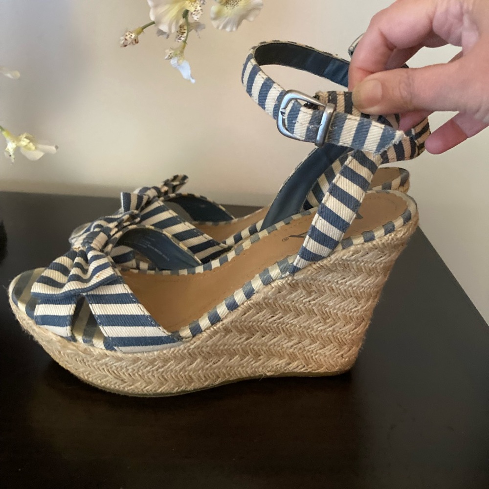 MIA wedge sandals cream and blue stripe with bow, espadrilles